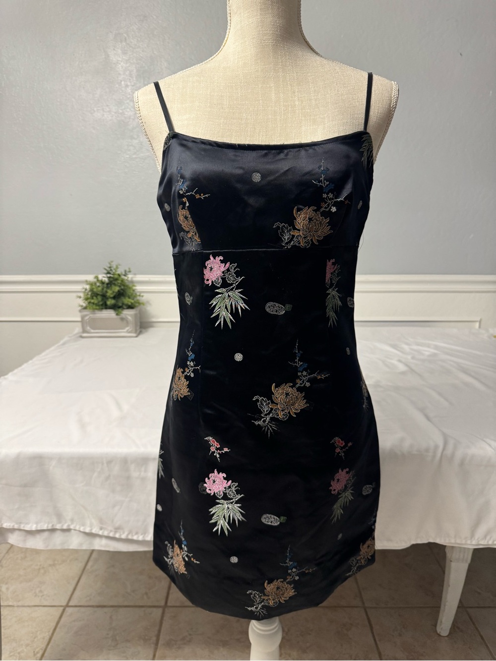 Revolution Black Satin Floral Mini Dress with Pink & Gold Embroidery